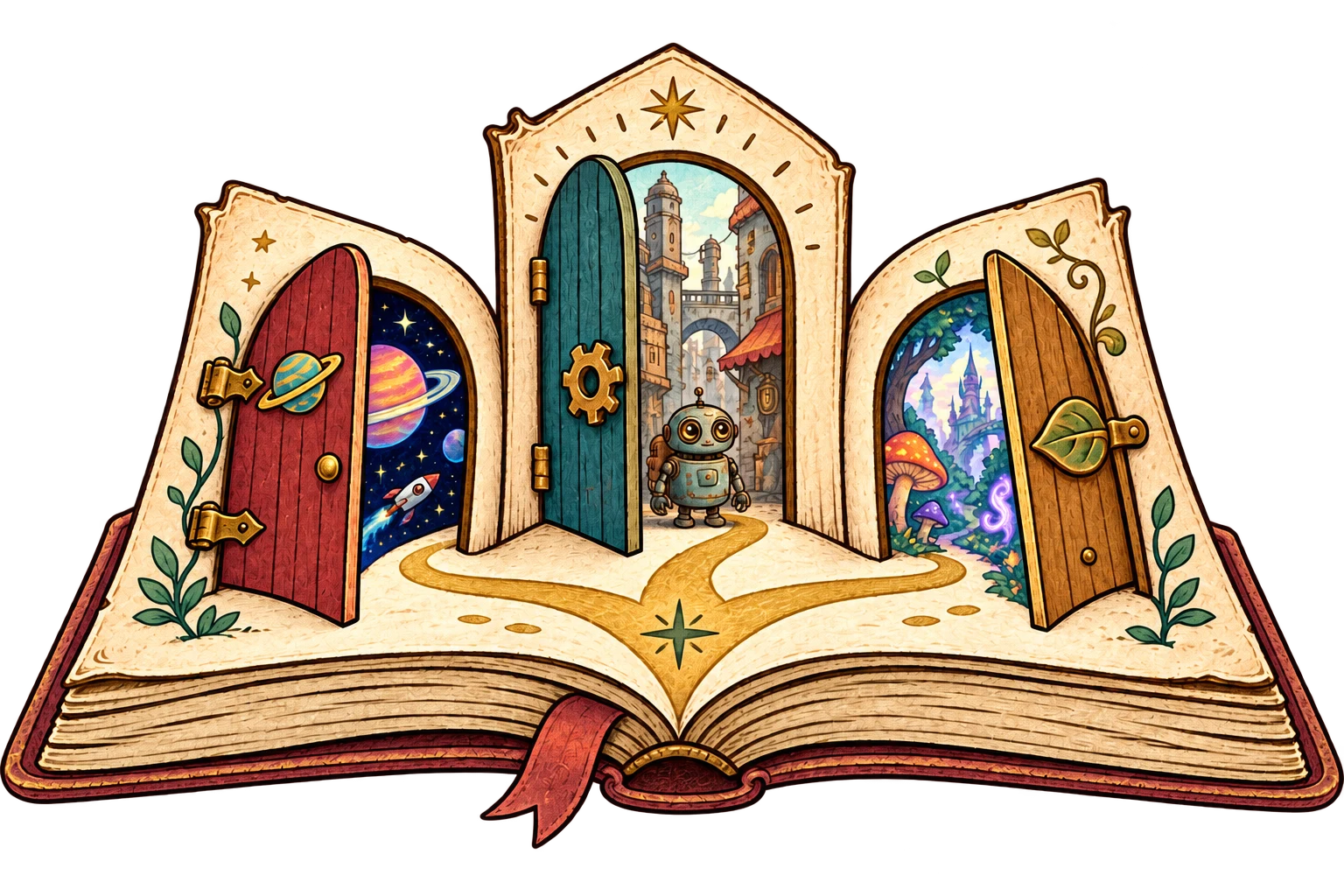 An open book with three doors: outer space, a weathered city with a robot, and a magical woodland.