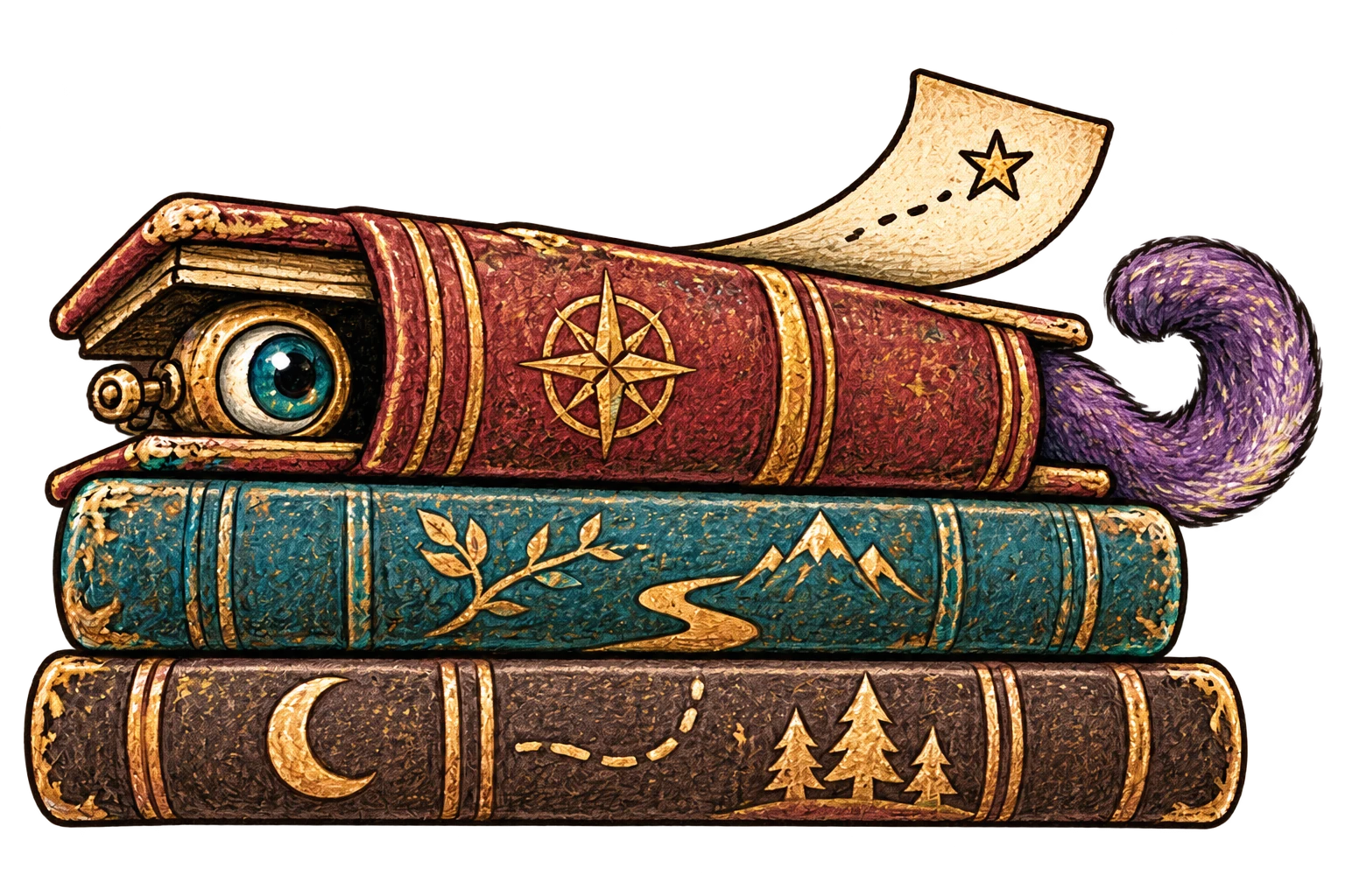 Three worn books with a mechanical eye peeking out, a curled purple tail, and an escaping bookmark.