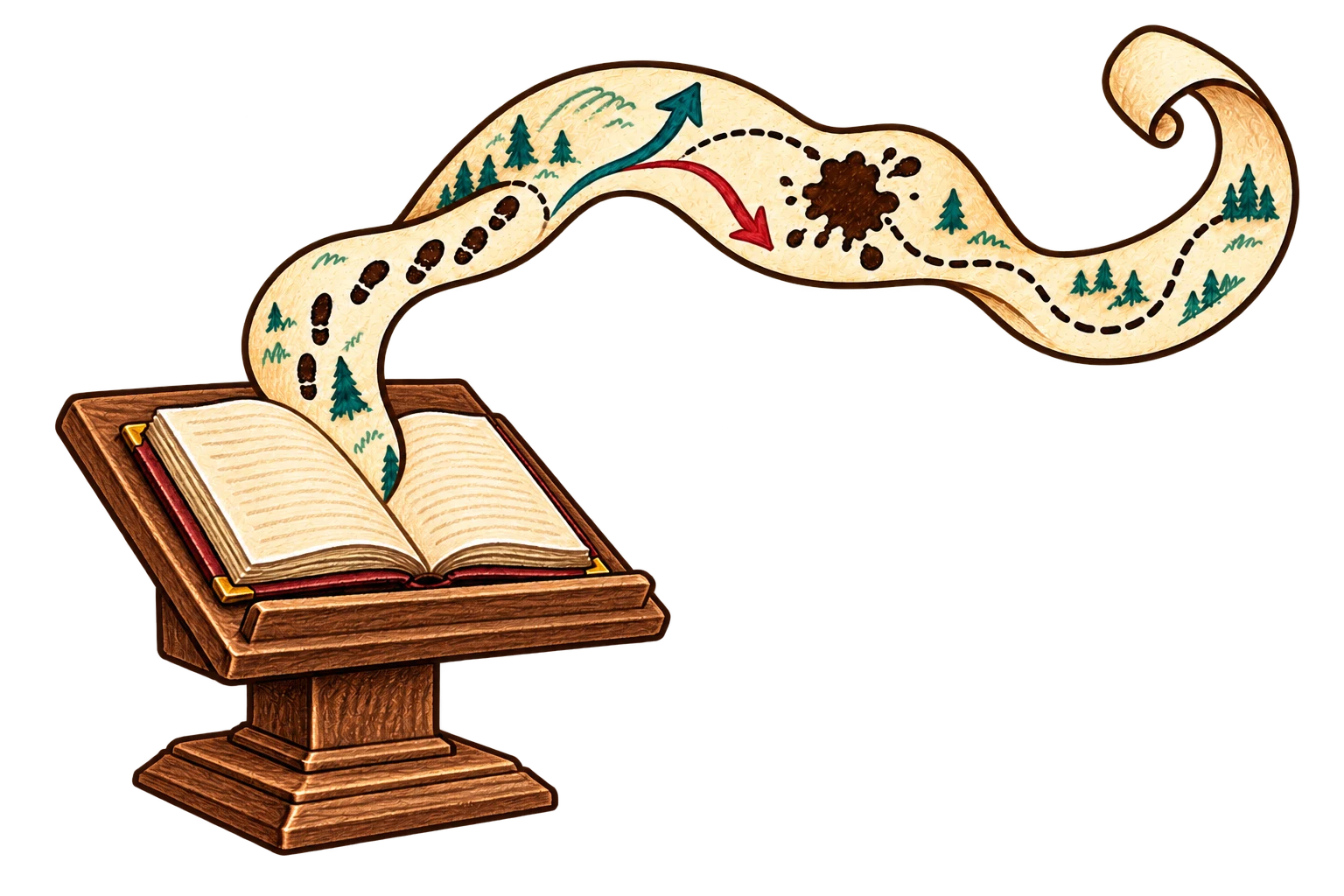 An open book rests on a wooden lectern, with a winding map and branching paths pouring from its pages.