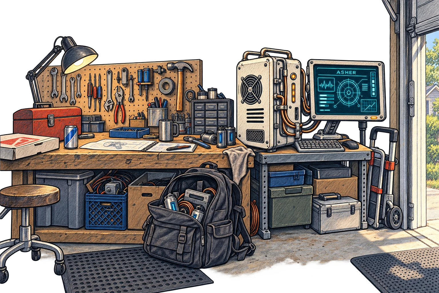 A garage workbench full of tools, gadgets, and Asher’s computer.