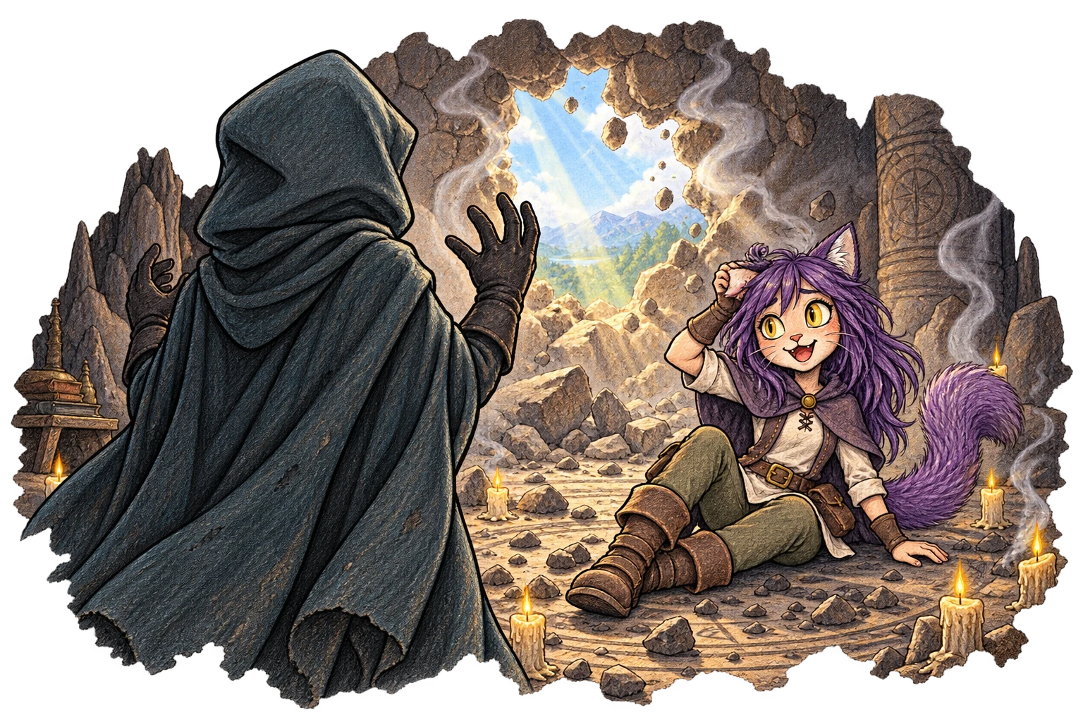 A cloaked mage and a purple-haired companion beside a magical doorway.