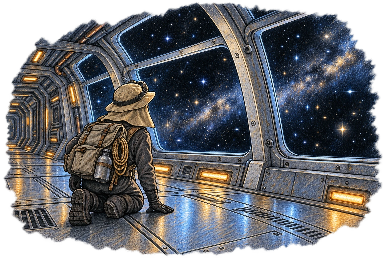 A fully covered explorer looks out into space from a starship.